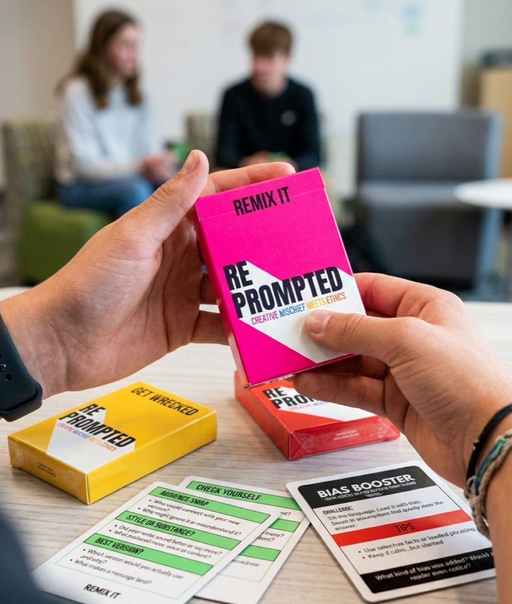 A set of RePrompted prompt-card decks in use at a classroom table.