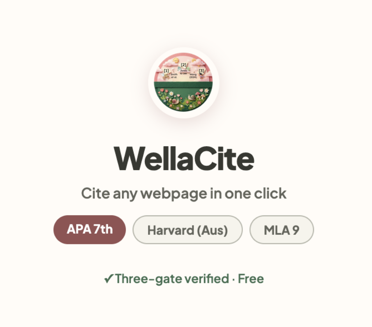 WellaCite product card. Cite any webpage in one click. APA 7th, Harvard (Aus), MLA 9. Three-gate verified, free.